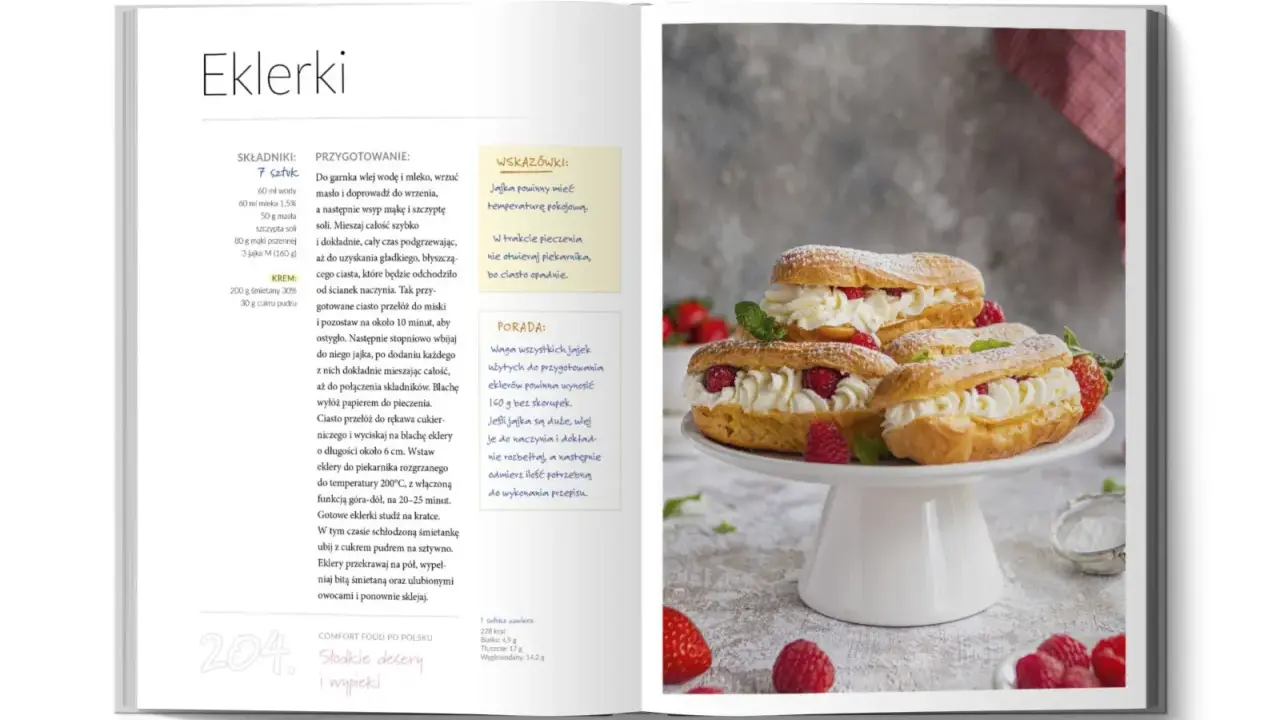 Pyszne eklerki z bitą śmietaną i owocami – idealny comfort food na słodkie popołudnie.