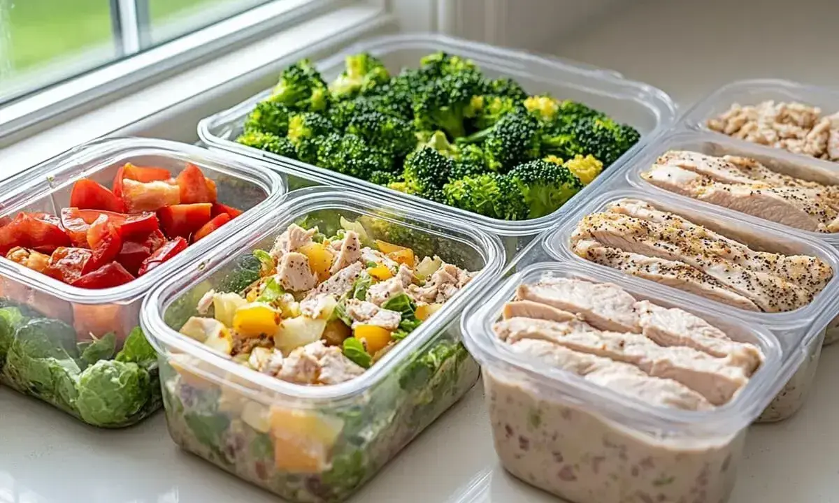 Gotowe posiłki w pojemnikach: kurczak, brokuły, sałatka z pomidorami i ziemniakami. Idealne meal prep przepisy na cały tydzień.