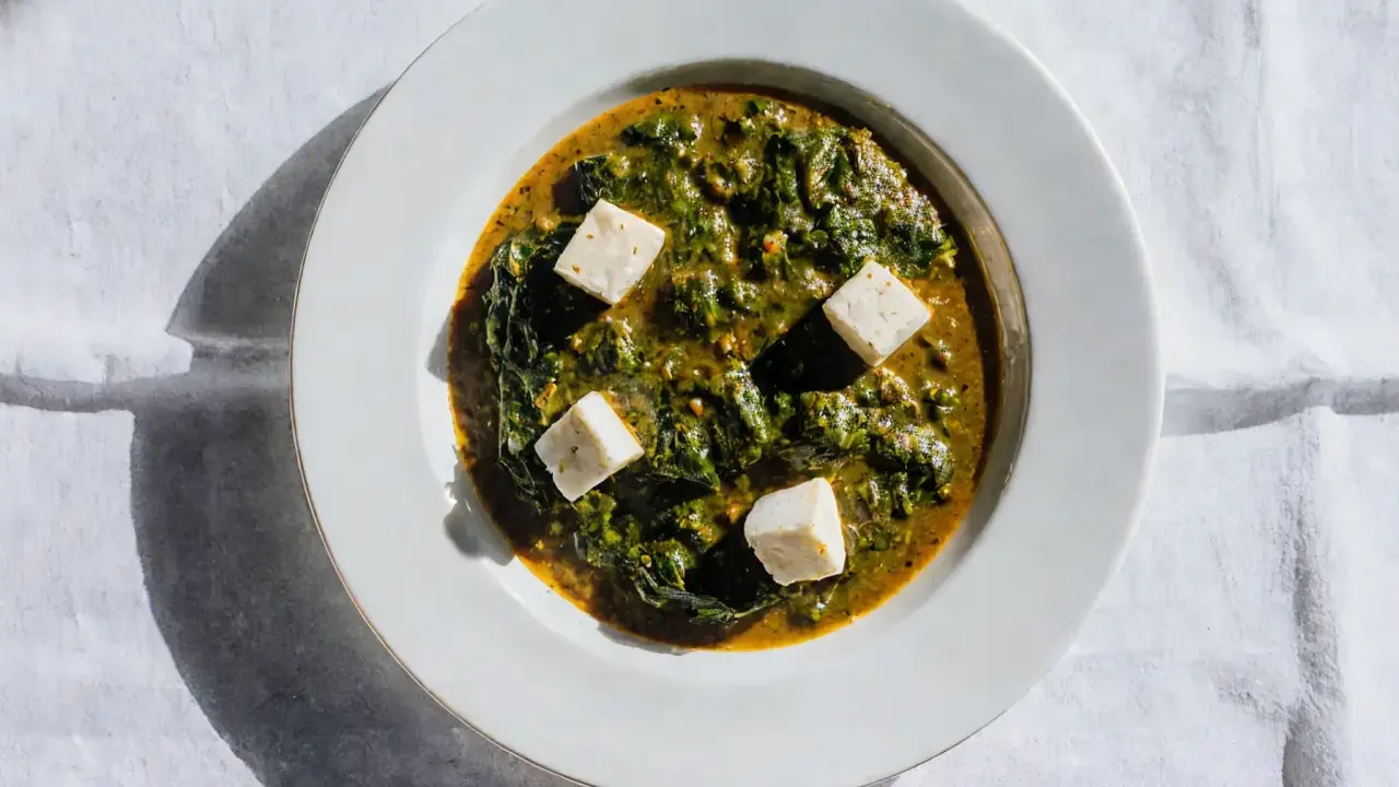 Palak paneer w białej misce, z kostkami sera paneer pływającymi w zielonym sosie ze szpinaku.