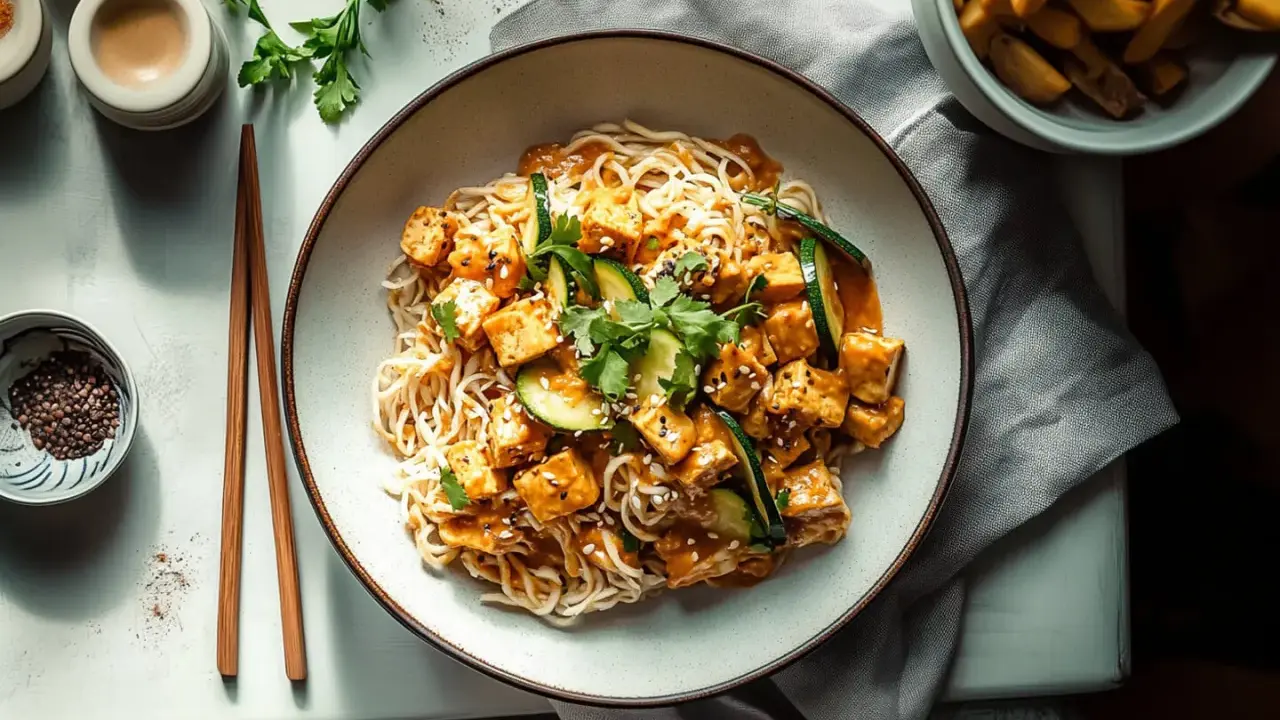Pyszne tofu w sosie orzechowym z makaronem i cukinią, posypane sezamem i świeżą kolendrą. Idealne danie dla wegan.