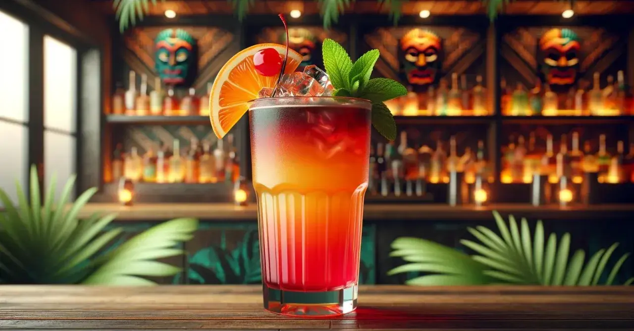 Kolorowy drink, przypominający zombie, z pomarańczą, wiśnią i miętą, na tle baru z butelkami i maskami tiki.