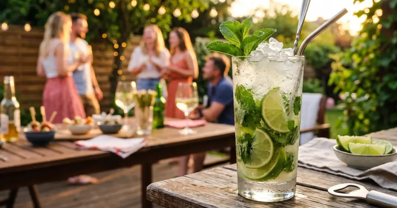 Orzeźwiające drinki z białym rumem, mięta i limonka na letnim przyjęciu w ogrodzie.