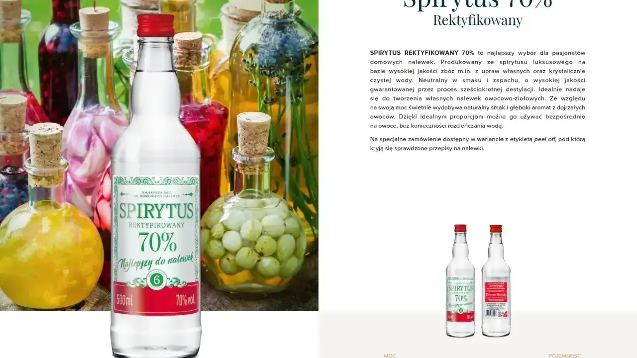 Butelka spirytusu 70% na tle innych nalewek. Idealny do domowych nalewek, bo wódka do spirytusu czy spirytus do wódki? Ten jest do nalewek!