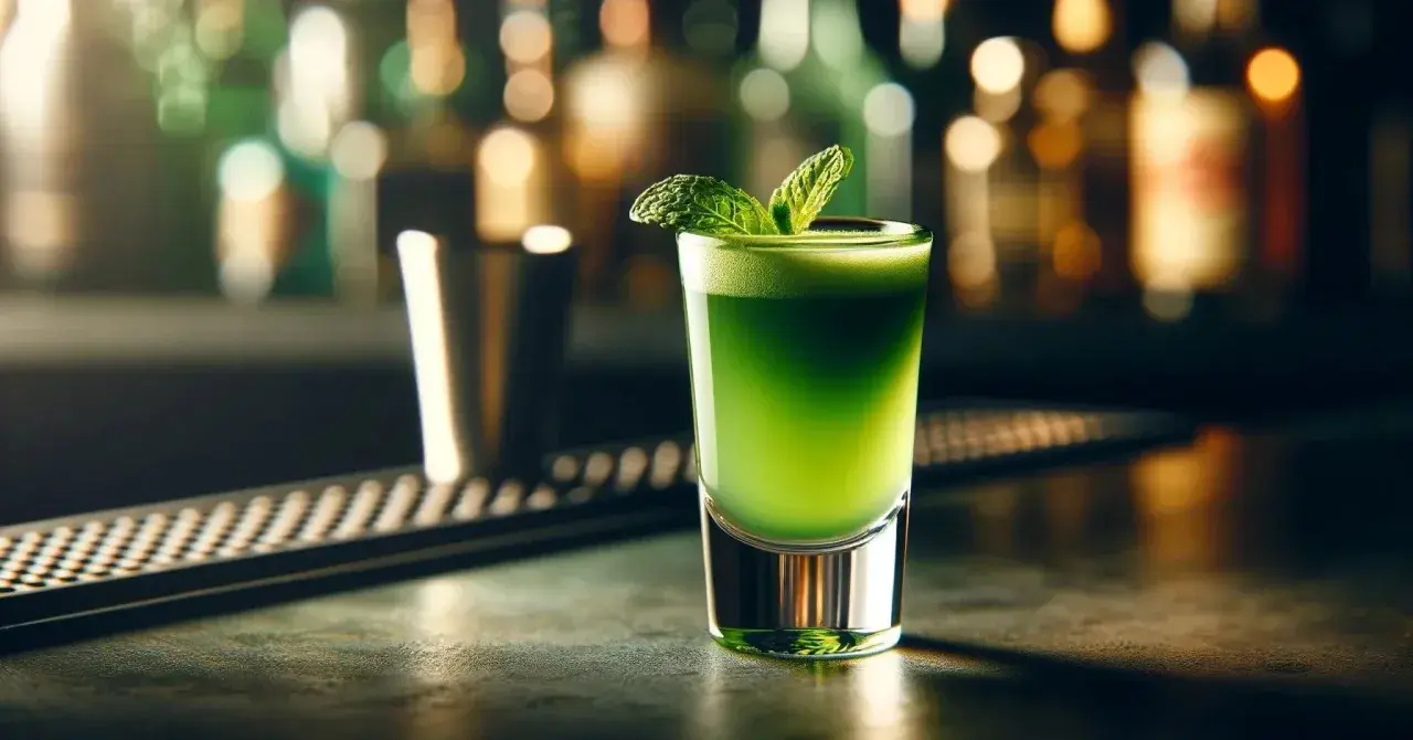 Zielony shot z miętą, jak orzeźwiający Grasshopper drink, czeka na spróbowanie na barze.