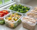 Gotowe posiłki w pojemnikach: kurczak, brokuły, sałatka z pomidorami i ziemniakami. Idealne meal prep przepisy na cały tydzień.