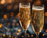 Dwa kieliszki wypełnione złotym prosecco, wino musujące z bąbelkami, na tle rozmytych świateł.