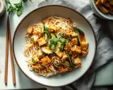 Pyszne tofu w sosie orzechowym z makaronem i cukinią, posypane sezamem i świeżą kolendrą. Idealne danie dla wegan.