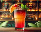 Kolorowy drink, przypominający zombie, z pomarańczą, wiśnią i miętą, na tle baru z butelkami i maskami tiki.