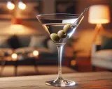 Elegancki kieliszek z drinkiem Jamesa Bonda, ozdobiony trzema oliwkami, stoi na drewnianym stole. W tle widać przytulny salon.