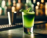 Zielony shot z miętą, jak orzeźwiający Grasshopper drink, czeka na spróbowanie na barze.