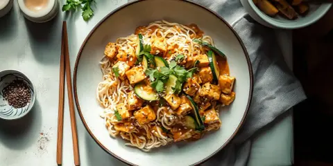 Pyszne tofu w sosie orzechowym z makaronem i cukinią, posypane sezamem i świeżą kolendrą. Idealne danie dla wegan.