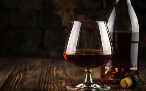 Kieliszek koniaku i butelka na drewnianym stole. Idealny do degustacji, zastanawiasz się, z czym pić koniak?