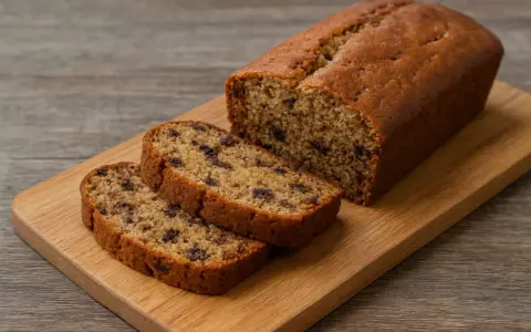 Pyszny chlebek bananowy bezglutenowy z kawałkami czekolady, pokrojony na desce.