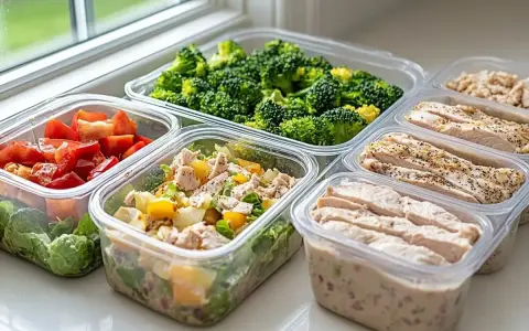 Gotowe posiłki w pojemnikach: kurczak, brokuły, sałatka z pomidorami i ziemniakami. Idealne meal prep przepisy na cały tydzień.