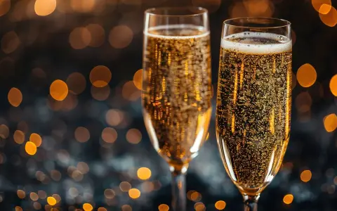 Dwa kieliszki wypełnione złotym prosecco, wino musujące z bąbelkami, na tle rozmytych świateł.