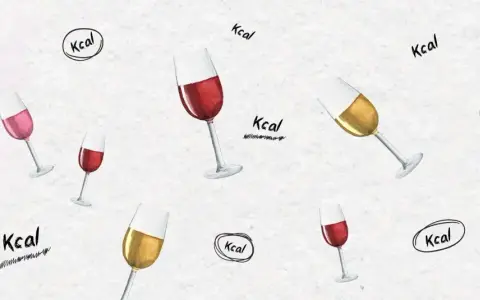 Kieliszki z czerwonym i białym winem unoszą się na tle z napisem "Kcal", przypominając o wartościach odżywczych wina.