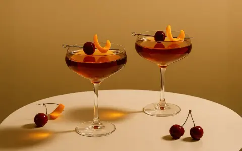 Dwa eleganckie drinki ze spirytusem, ozdobione wiśniami i skórką pomarańczową, stoją na białym blacie.