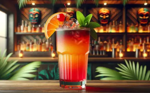 Kolorowy drink, przypominający zombie, z pomarańczą, wiśnią i miętą, na tle baru z butelkami i maskami tiki.