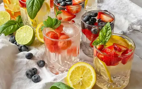 Kilka szklanek z owocami i lodem, idealne na kwaśny orzeźwiający drink. W środku truskawki, borówki, cytryny i mięta.