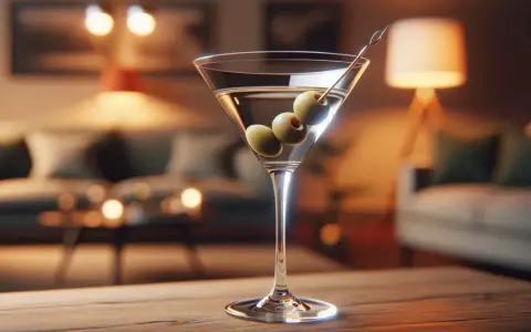 Elegancki kieliszek z drinkiem Jamesa Bonda, ozdobiony trzema oliwkami, stoi na drewnianym stole. W tle widać przytulny salon.