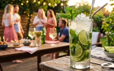 Orzeźwiające drinki z białym rumem, mięta i limonka na letnim przyjęciu w ogrodzie.