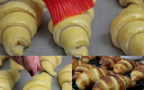 Przygotowanie ciasta na croissant przepis: smarowanie surowych rogalików pędzlem i posypywanie cukrem, a potem gotowe, złociste wypieki.