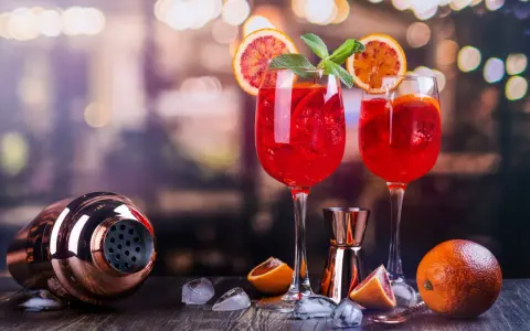 Dwa orzeźwiające drinki z białym winem, ozdobione plasterkami pomarańczy i miętą, stoją obok shakera i owoców.