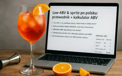 Aperol spritz ile %? Na ekranie laptopa kalkulator ABV, obok kieliszek drinka i pomarańcze.