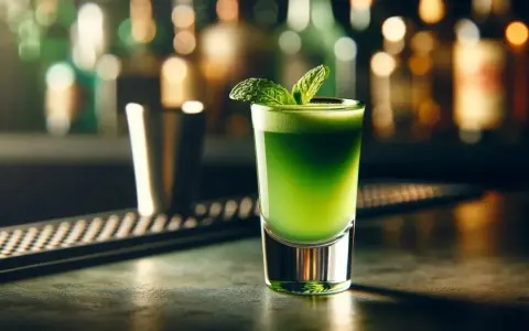 Zielony shot z miętą, jak orzeźwiający Grasshopper drink, czeka na spróbowanie na barze.