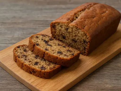 Pyszny chlebek bananowy bezglutenowy z kawałkami czekolady, pokrojony na desce.