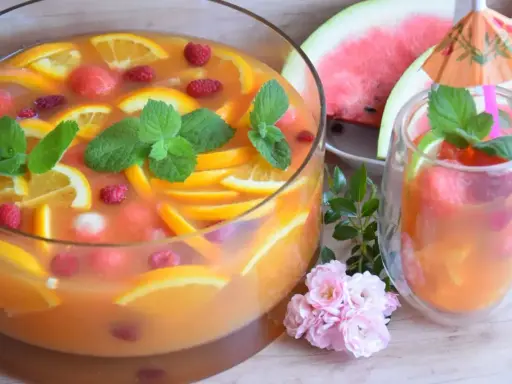 Orzeźwiający poncz alkoholowy z pomarańczą, malinami i miętą. Idealny na letnie przyjęcie.
