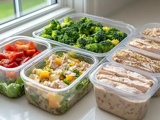 Gotowe posiłki w pojemnikach: kurczak, brokuły, sałatka z pomidorami i ziemniakami. Idealne meal prep przepisy na cały tydzień.