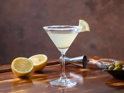 Orzeźwiający drink z martini, z solnym brzegiem kieliszka i plasterkiem cytryny. Obok leżą połówki cytryny i oliwki.
