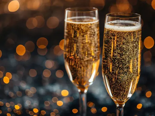 Dwa kieliszki wypełnione złotym prosecco, wino musujące z bąbelkami, na tle rozmytych świateł.
