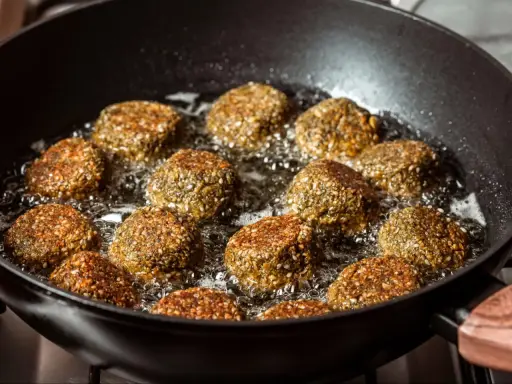 Falafelki smażą się na głębokim oleju w czarnej patelni. Idealny sposób, na czym najlepiej smażyć, by były chrupiące!