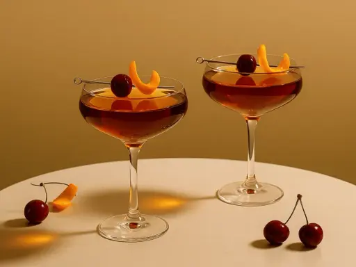 Dwa eleganckie drinki ze spirytusem, ozdobione wiśniami i skórką pomarańczową, stoją na białym blacie.