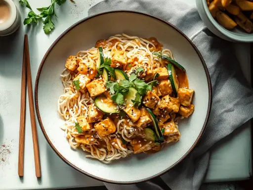 Pyszne tofu w sosie orzechowym z makaronem i cukinią, posypane sezamem i świeżą kolendrą. Idealne danie dla wegan.