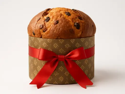 Panettone w ozdobnym pudełku z czerwoną wstążką. Idealny na święta, zachęca do wypróbowania panettone przepis.