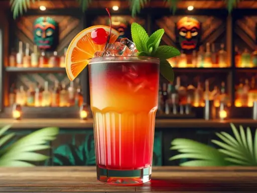 Kolorowy drink, przypominający zombie, z pomarańczą, wiśnią i miętą, na tle baru z butelkami i maskami tiki.
