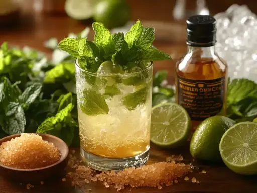 Orzeźwiający gorzki żołądkowy drink z limonką i miętą, otoczony świeżymi składnikami i buteleczką alkoholu.