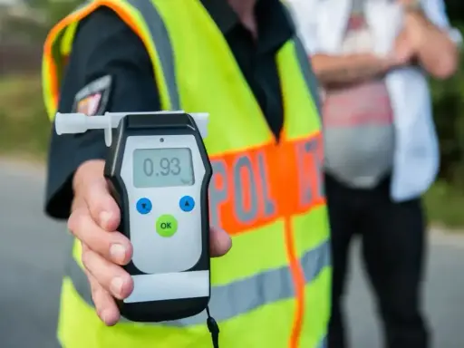 Policjant pokazuje alkomat z wynikiem 0.93 promila. Kierowca nie powinien wsiadać za kierownicę.
