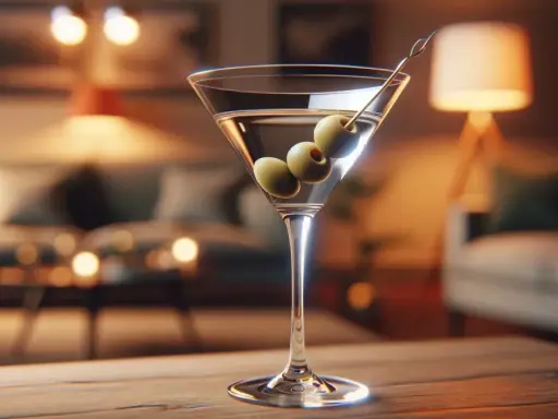 Elegancki kieliszek z drinkiem Jamesa Bonda, ozdobiony trzema oliwkami, stoi na drewnianym stole. W tle widać przytulny salon.