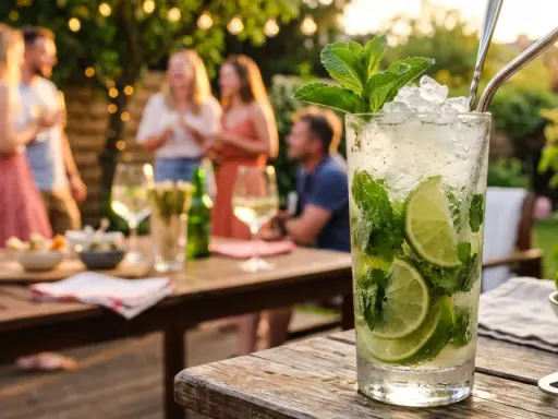 Orzeźwiające drinki z białym rumem, mięta i limonka na letnim przyjęciu w ogrodzie.