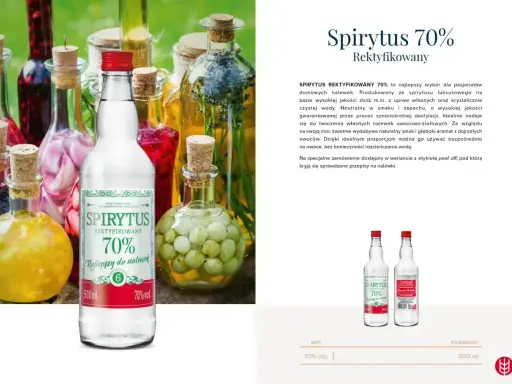Butelka spirytusu 70% na tle innych nalewek. Idealny do domowych nalewek, bo wódka do spirytusu czy spirytus do wódki? Ten jest do nalewek!