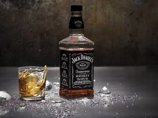 Butelka Jack Daniels i szklanka z whisky, z lodem i błyszczącymi drobinkami. Zastanawiasz się nad Jack Daniels kcal?