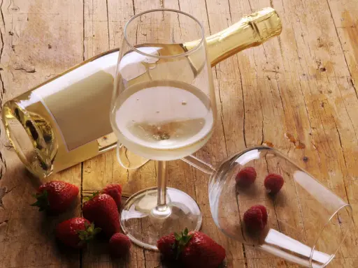 Butelka i kieliszki z winem musującym, obok truskawki i maliny. Idealne drinki z winem musującym na letnie popołudnie.