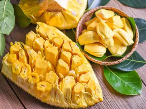 Chlebowiec właściwości: soczyste, żółte segmenty owocu jackfruit, częściowo wyjęte z łupiny i ułożone w koszyku, otoczone zielonymi liśćmi.