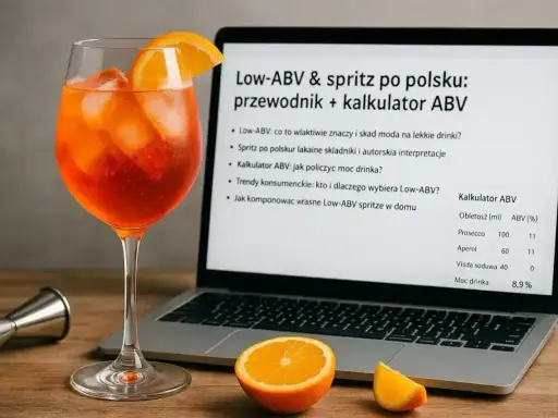 Aperol spritz ile %? Na ekranie laptopa kalkulator ABV, obok kieliszek drinka i pomarańcze.