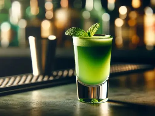 Zielony shot z miętą, jak orzeźwiający Grasshopper drink, czeka na spróbowanie na barze.