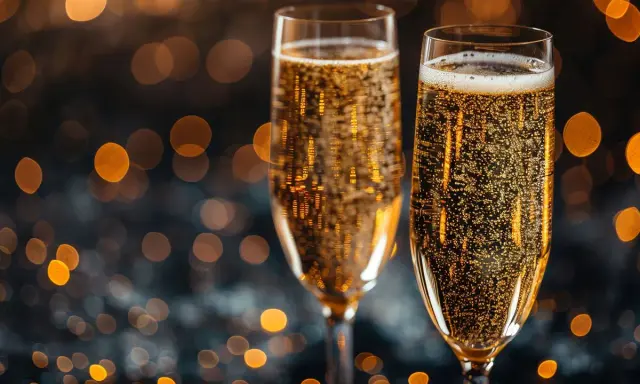 Dwa kieliszki wypełnione złotym prosecco, wino musujące z bąbelkami, na tle rozmytych świateł.